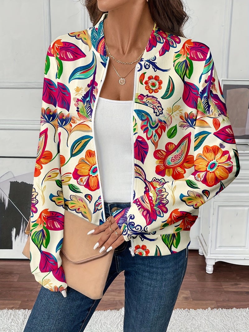 Zipper Floral Print Long Sleeve Casual Jacket Coat - Image 1