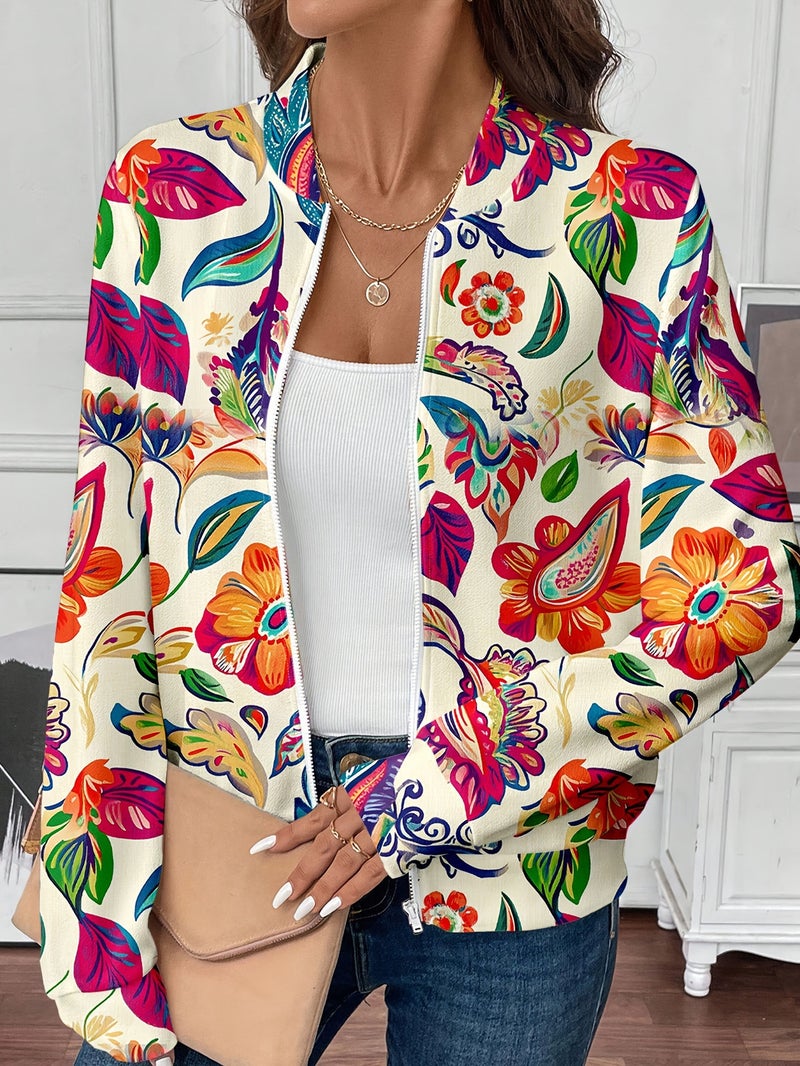 Zipper Floral Print Long Sleeve Casual Jacket Coat - Image 5