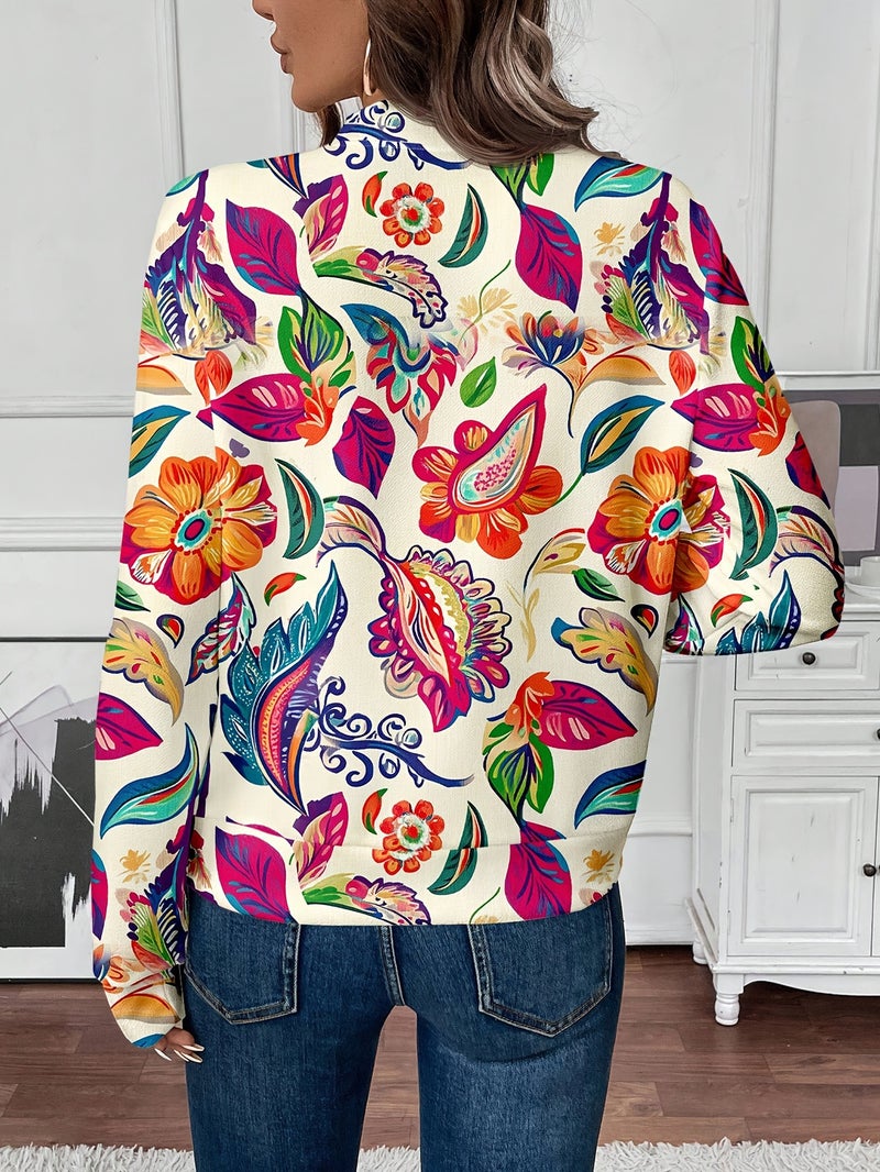 Zipper Floral Print Long Sleeve Casual Jacket Coat - Image 4