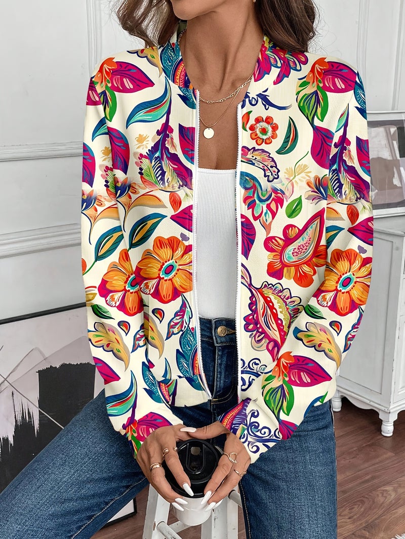 Zipper Floral Print Long Sleeve Casual Jacket Coat - Image 2