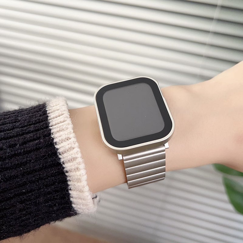 Luxury Stainless Steel Bracelet And Case Compatible With Apple Watch 40mm Silvery Tempered Glass Screen Protector Premium Metal Strap With Magnetic Clasp For Iwatch - Image 4