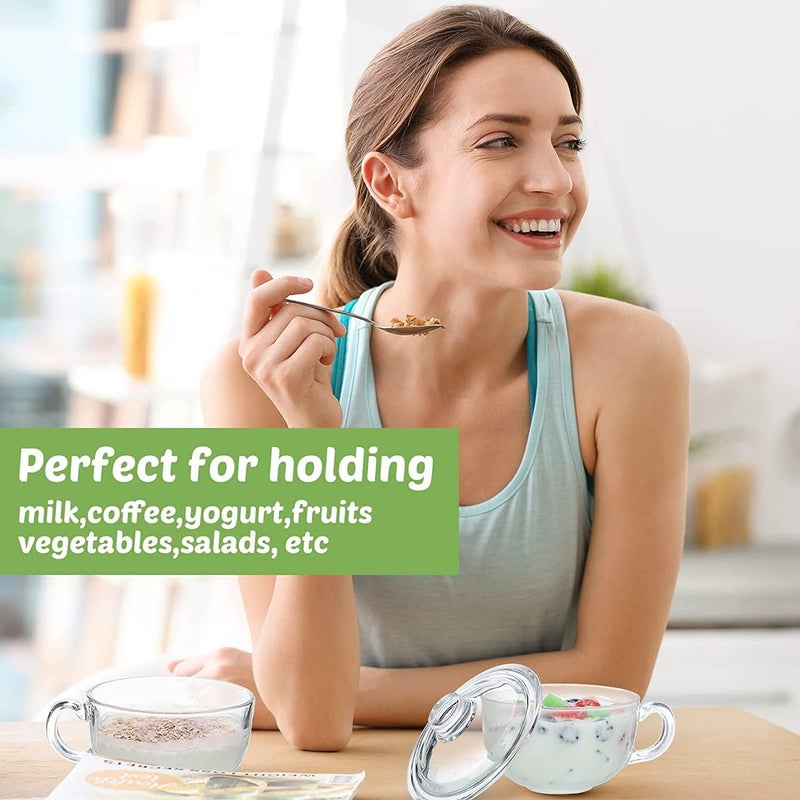 PrimeWorld طقم شفاف من 2 وعاء زجاجي مع غطاء ومقبض، وعاء شوربة آمن للاستخدام في الميكروويف، وعاء خلط للطهي، حبوب الإفطار، نودلز، فواكه - 200 مل - Image 2