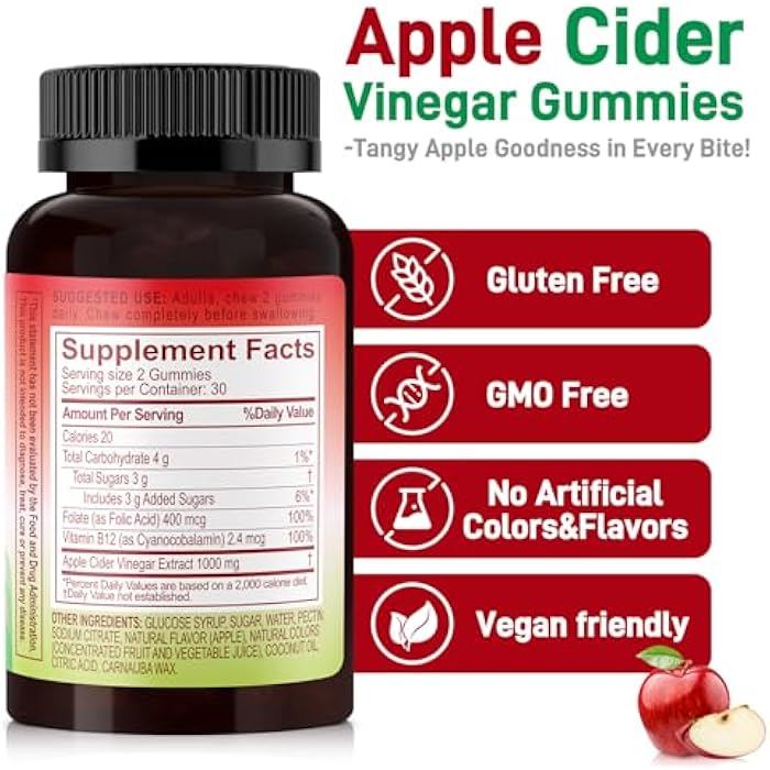 Biobor Apple Cider Vinegar Gummies 1000 mg with Vitamin B12, ACV Gummies for Women Support The Metabolism of Fats and Carbohydrates, Vegan, GMO Free, Gluten Free (60 Count) - Image 2
