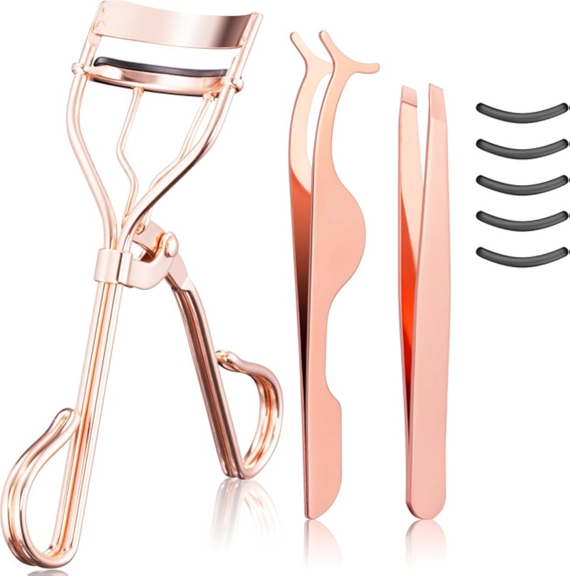 Eyelash Applicator Tool - 3-in-1 Professional Eyelash Curler Lash Lift Kit Lash Curler, Eyelash Extension Tweezers - Includes Replacement Pad for Home & Travel Uses,Rose Gold