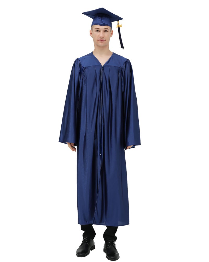 GraduationMall قبعة وتاج تخرج لامع من GraduationMall مع شريطة 2025 للمدرسة الثانوية والبكالوريوس باللون الأزرق البحري 54(5'9"-5'11") - Image 2