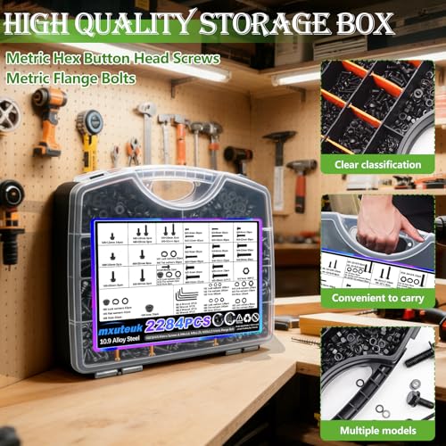 mxuteuk 2284PCS Metric Screws & Flange Bolt Assortment,Nuts and Bolts Assortment Kit M2/M3/M4/M5/M6/M8/M10 Machine Screws Kits,Grade 10.9 Alloy Steel Hex Socket Button Metric Screw - Image 4
