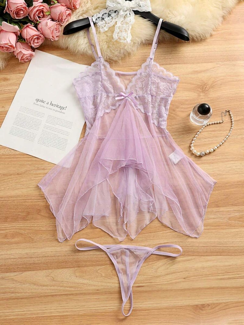 Shein 2pcs Sexy Sheer Mesh Camisole Nightgown Lingerie Set for Women - Image 1