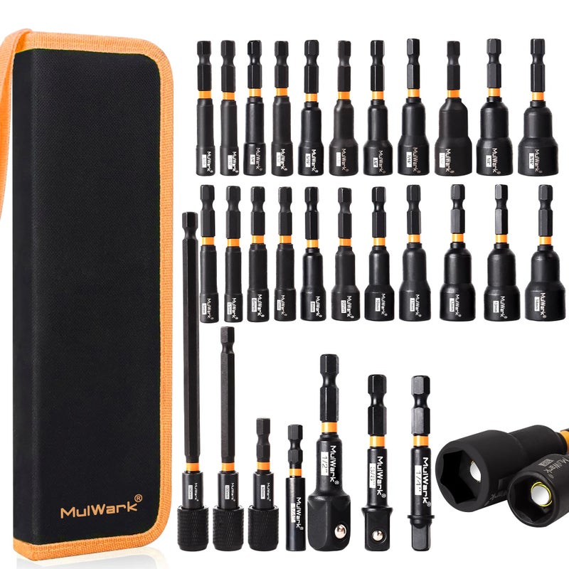 MulWark 29 Piece Magnetic Nut Driver Set, Impact drill socket adapter, SAE, and Metric Nut Driver Set Includes Magnetic Bit Holder, Quick Release Extension with Storage Bag â€“ Christmas Gift - Image 1