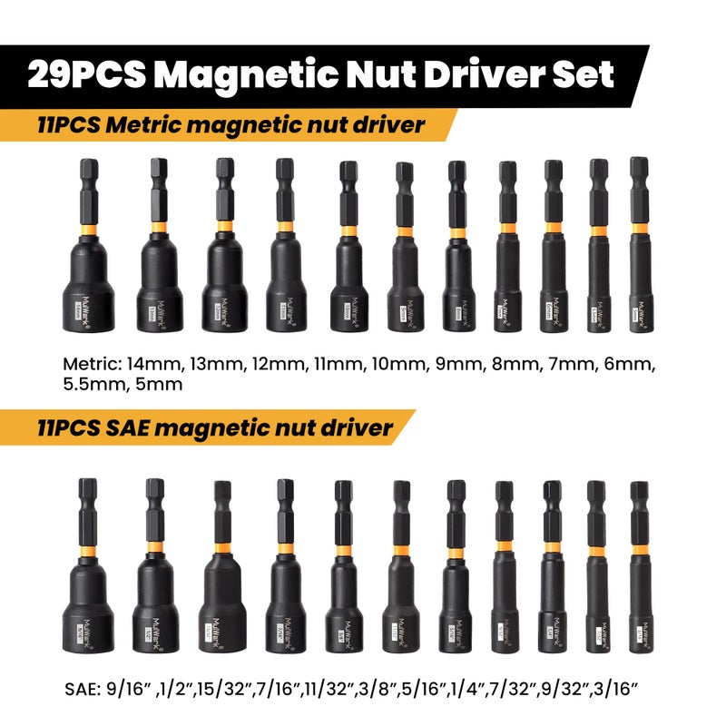 MulWark 29 Piece Magnetic Nut Driver Set, Impact drill socket adapter, SAE, and Metric Nut Driver Set Includes Magnetic Bit Holder, Quick Release Extension with Storage Bag â€“ Christmas Gift - Image 3