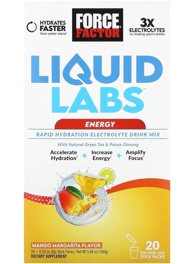 Force Factor Liquid Labs Energy Rapid Hydration Electrolyte Drink Mix Mango Margarita 20 Stick Packs 0.28 oz (8 g) Each