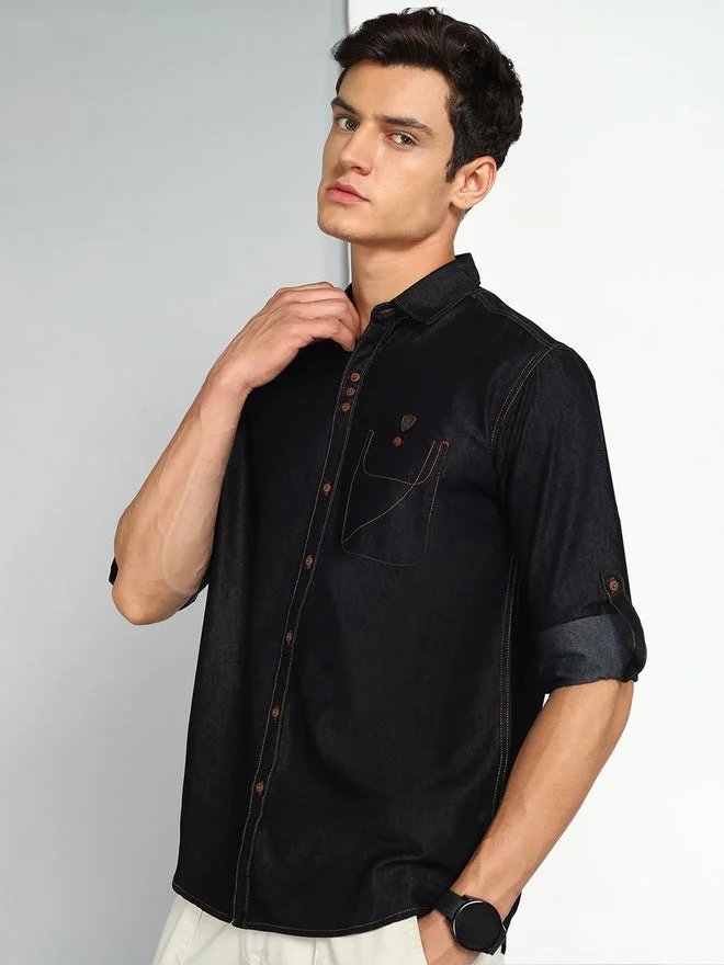 KUONS AVENUE KUONS AVENUE Men Black Denim Shirt