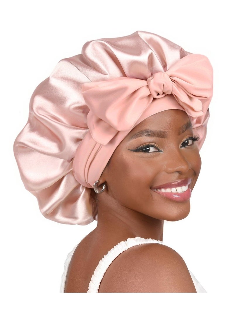 Generic 1 Set of Wide Hair Hats with Straps - Silk Sleeping Cap, Round Hat with Bow Extra Large Size, Beauty Hair Care for Curly Hair with Ties for Women and Girls (Rose Pink)  - Image 1