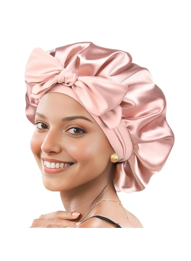 Generic 1 Set of Wide Hair Hats with Straps - Silk Sleeping Cap, Round Hat with Bow Extra Large Size, Beauty Hair Care for Curly Hair with Ties for Women and Girls (Rose Pink)  - Image 2
