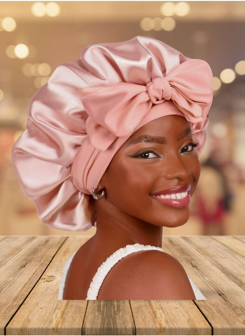 Generic 1 Set of Wide Hair Hats with Straps - Silk Sleeping Cap, Round Hat with Bow Extra Large Size, Beauty Hair Care for Curly Hair with Ties for Women and Girls (Rose Pink)  - Image 5
