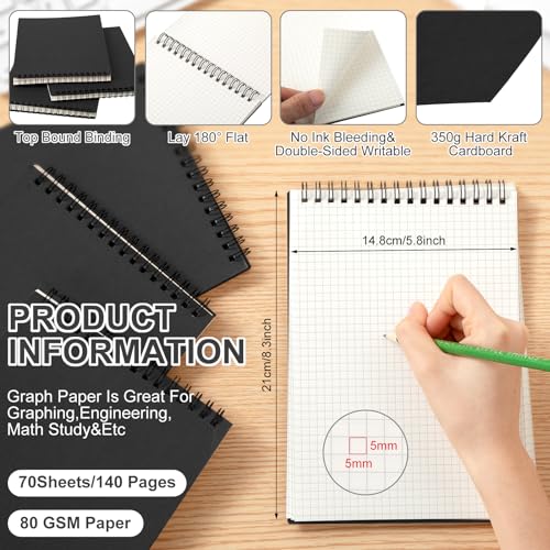 Engrowtic 2 Pack Graph Paper Spiral Notepad A5 Top Wirebound Notepad Grid Notebook Steno Pads Memo Notebook Grid Paper 140 Pages for Writing Sketching Drawing Office Supplies Black - Image 3