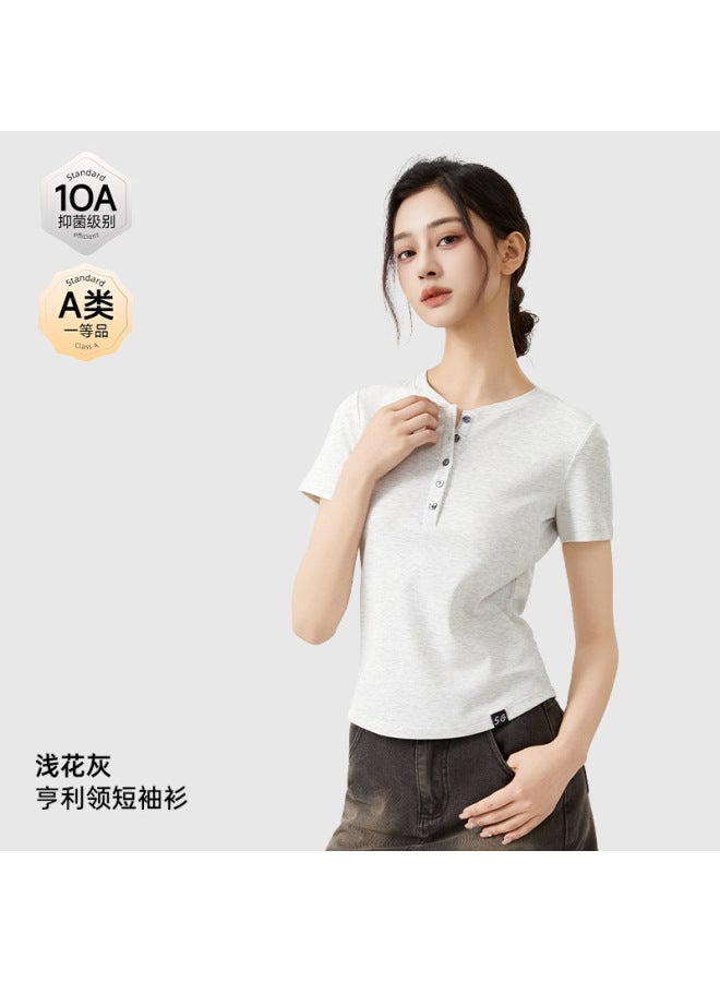 Spring/summer 10a Antibacterial Cool-feeling Tencel Cotton T-shirt Women's Henley Neck Slim Fit Four-way Stretch Breathable Versatile Short-sleeve Top Women's