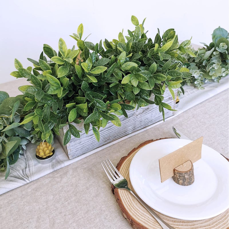 Winlyn Artificial Eucalyptus Plant in Rustic Rectangular Wooden Planter Box Faux Potted Herb Plant Greenery Arrangement for Farmhouse Indoor Wedding Table Centerpiece Mantel Shelf Kitchen Decor  - Image 4