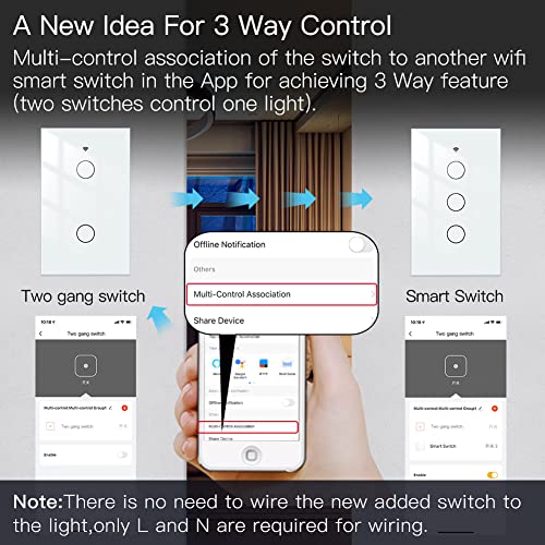 MOES 2.4GHz WiFi Wall Touch Smart Switch Neutral Wire Required, 3 Way Multi-Control, Glass Panel Light Switch Work with Smart Life/Tuya App, RF433 Remote Control, Alexa and Google Home White 2 Gang - Image 3