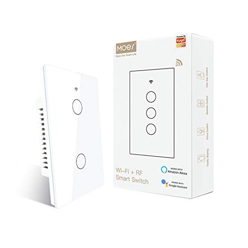 MOES 2.4GHz WiFi Wall Touch Smart Switch Neutral Wire Required, 3 Way Multi-Control, Glass Panel Light Switch Work with Smart Life/Tuya App, RF433 Remote Control, Alexa and Google Home White 2 Gang - Image 1