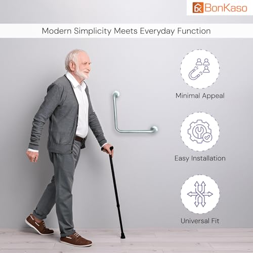BonKaso 12x12 Inch L-Shaped Stainless Steel Grab Bar for Bathroom | Wall-Mounted Safety Support Handle for Senior Citizens & Elderly | Heavy-Duty, Anti-Rust Rail for Toilet, Shower & Bathtub (Chrome) - Image 2