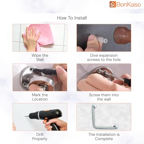 BonKaso 12x12 Inch L-Shaped Stainless Steel Grab Bar for Bathroom | Wall-Mounted Safety Support Handle for Senior Citizens & Elderly | Heavy-Duty, Anti-Rust Rail for Toilet, Shower & Bathtub (Chrome) - Image 4