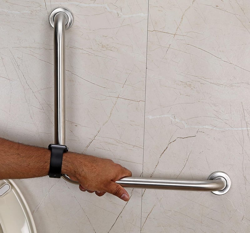 BonKaso 12x12 Inch L-Shaped Stainless Steel Grab Bar for Bathroom | Wall-Mounted Safety Support Handle for Senior Citizens & Elderly | Heavy-Duty, Anti-Rust Rail for Toilet, Shower & Bathtub (Chrome) - Image 1