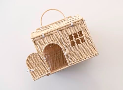 Rool Rattan House Shaped Basket Wicker Small Dollhouse Gift for Girls Boho Toys Mouse in a Box House Little Girl Purse Clutch Doll Carrier Cream - Image 1