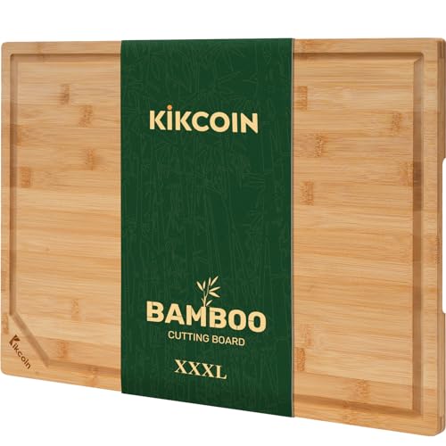 Kikcoin 24”×18” Bamboo Cutting Boards for Kitchen, Wooden Healthy Cutting Boards for Charcuterie, Vegetables, Cheese, Bread, Extra Large Chopping Boards with Deep Juice Groove and Handle, Natural - Image 1