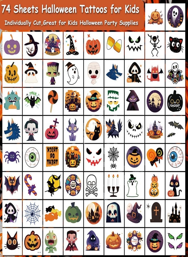 CHARLENT Halloween Temporary Tattoos for Kids - 74 Individually Sheets Halloween Pumpkin Bat Skeletons Tattoos for Boys Girls Halloween Party Favors Treats Goodie Bag Fillers - Image 2
