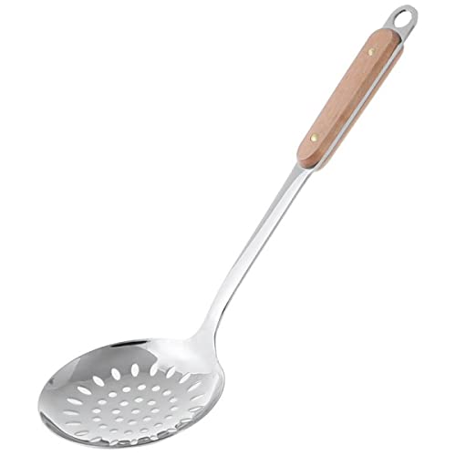 Leeonz Skimmer Slotted Spoon, Heavy Duty 304 Stainless Steel Slotted Spoon with Plastic Black Handle, Comfortable Wooden Grip Design (1pack) - Image 1