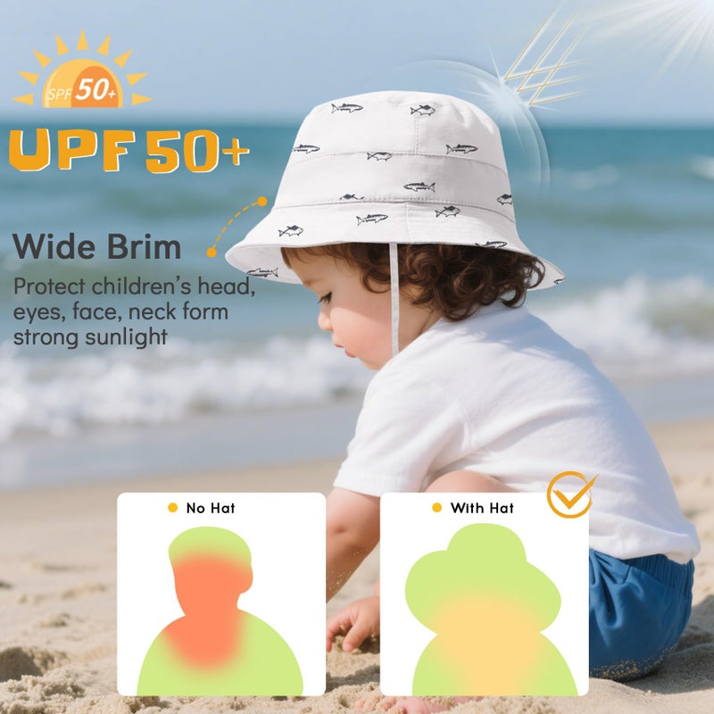 Durio Baby Girl Sun Hat Sun Protection Baby Girl Hats Wide Brim Baby Girls Summer Hat Beach Hat Toddler Hats for Girls Boys C White Fish 6-12 Months - Image 2