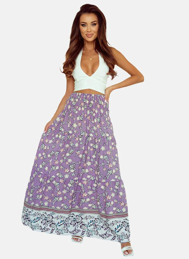 YUNIQEE Purple Printed Tiered Maxi Skirt
