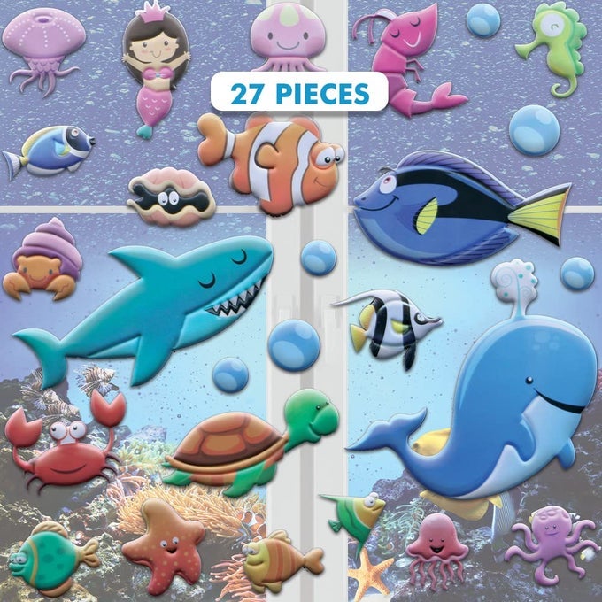 UNDER THE SEA OCEAN WINDOW CLINGS FOR KIDS TODDLERS BY USA REUSABLE WINDOW STICKERS GELS DECALS PUFFY STICKER ACTIVITES FOR CAR PLANE HOME UNDERWATER ANIMALS FISH MERMAID SHARK