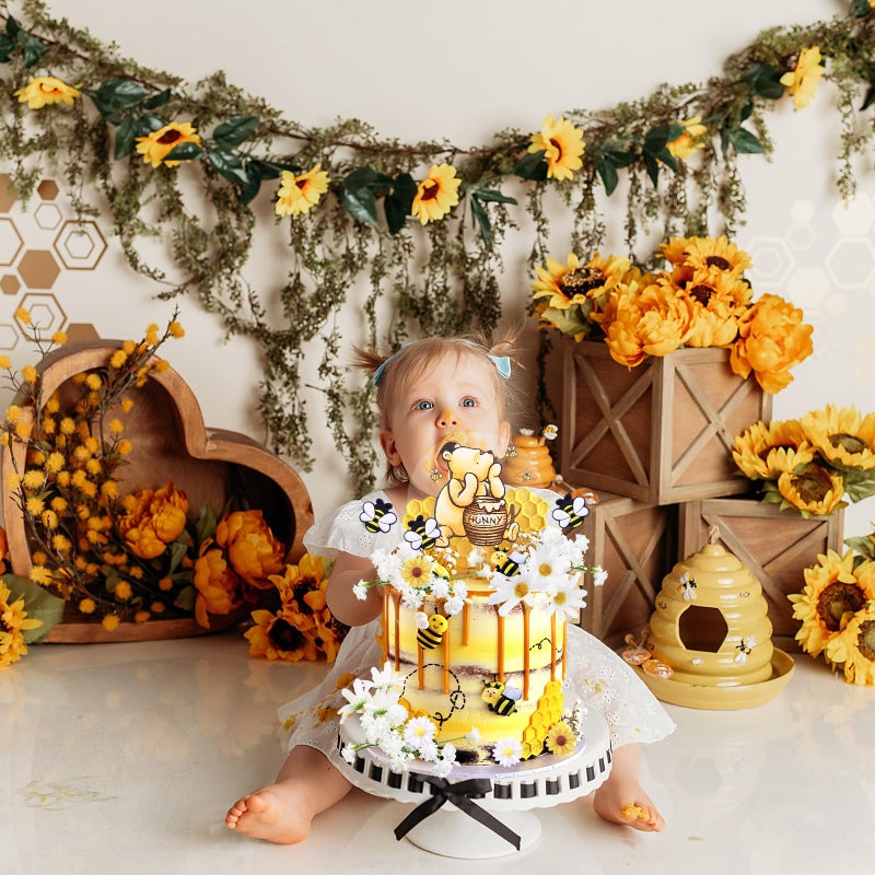 MEMOVAN Winnie Bear Cake Topper Winnie Bee Cake Decorations Pooh Bear Toppers Little Figurine Bee Cupcake with Classic Pooh Bees Daisys Sunflower for Oh Baby Bees Theme Shower Birthday Party - Image 5