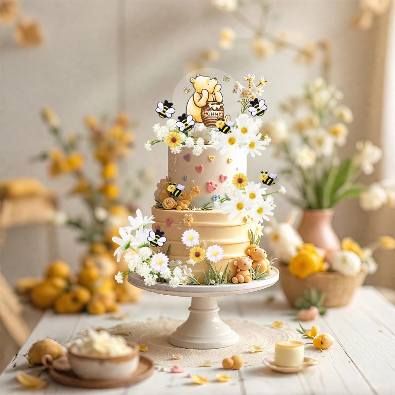 MEMOVAN Winnie Bear Cake Topper Winnie Bee Cake Decorations Pooh Bear Toppers Little Figurine Bee Cupcake with Classic Pooh Bees Daisys Sunflower for Oh Baby Bees Theme Shower Birthday Party - Image 3
