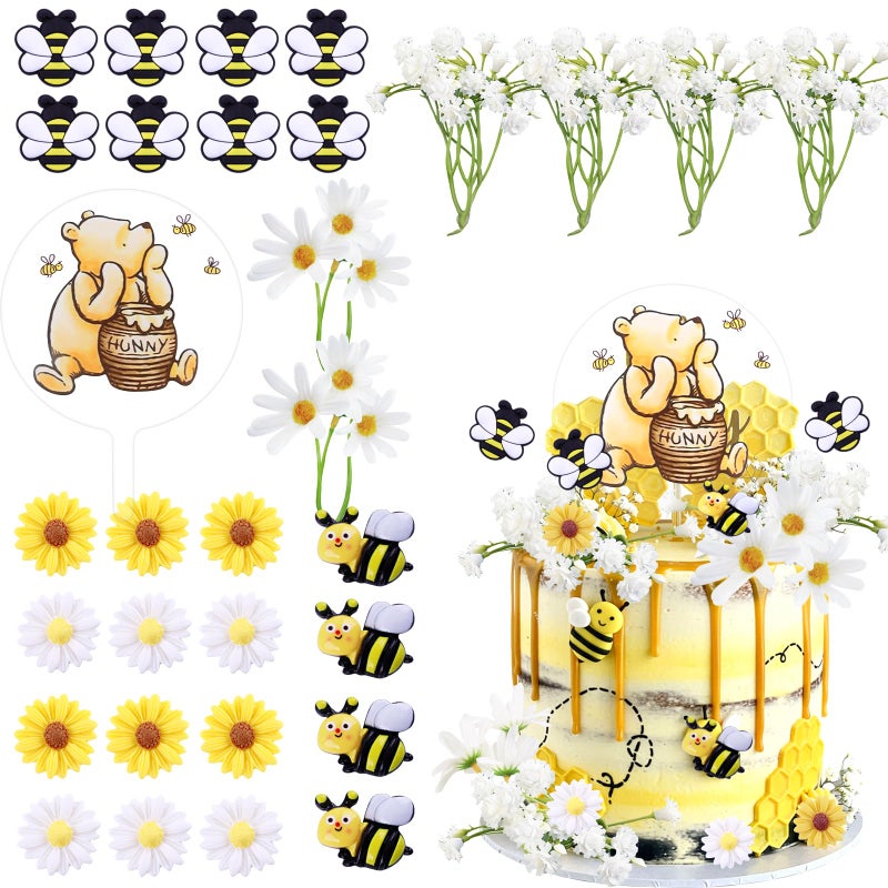 MEMOVAN Winnie Bear Cake Topper Winnie Bee Cake Decorations Pooh Bear Toppers Little Figurine Bee Cupcake with Classic Pooh Bees Daisys Sunflower for Oh Baby Bees Theme Shower Birthday Party - Image 1