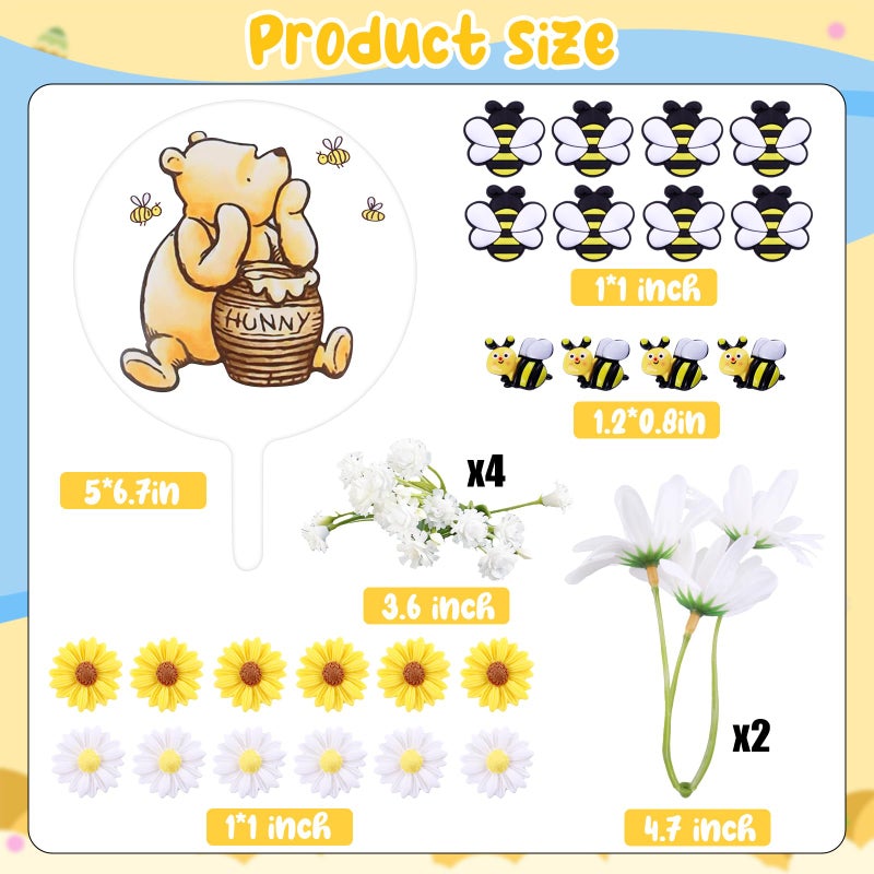 MEMOVAN Winnie Bear Cake Topper Winnie Bee Cake Decorations Pooh Bear Toppers Little Figurine Bee Cupcake with Classic Pooh Bees Daisys Sunflower for Oh Baby Bees Theme Shower Birthday Party - Image 2