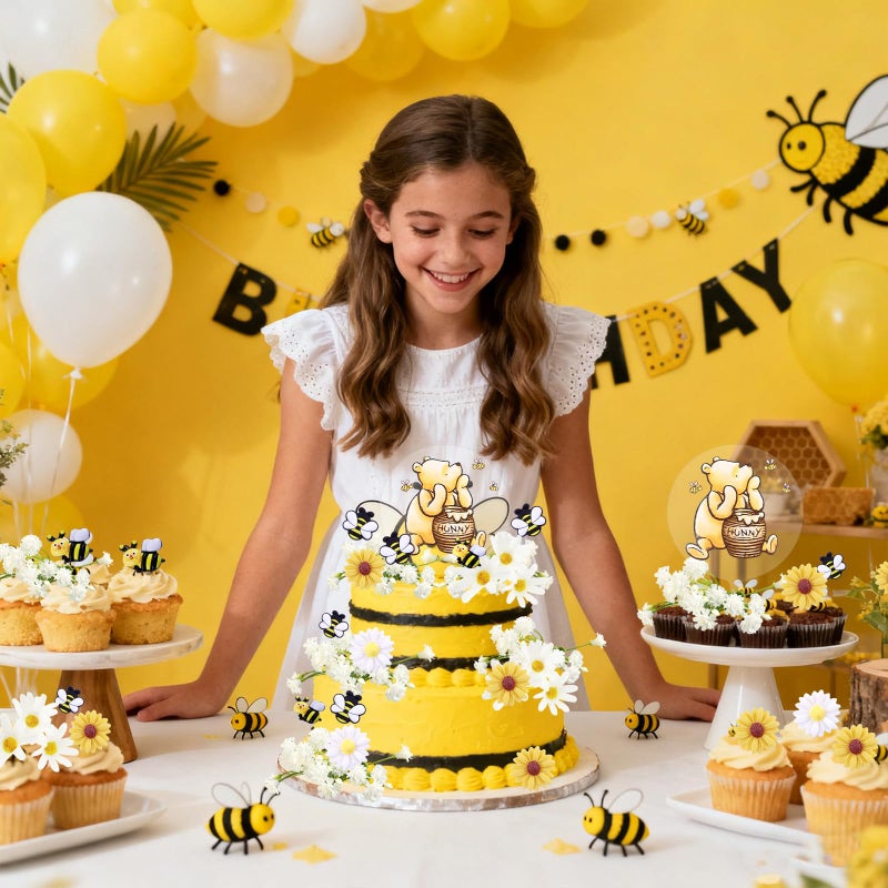 MEMOVAN Winnie Bear Cake Topper Winnie Bee Cake Decorations Pooh Bear Toppers Little Figurine Bee Cupcake with Classic Pooh Bees Daisys Sunflower for Oh Baby Bees Theme Shower Birthday Party - Image 4