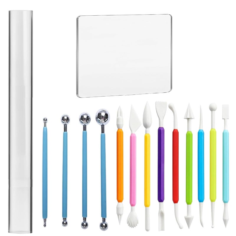 Wolwefa Basic Polymer Clay Tools, Clay Sculpting Tools Acrylic Roller Pin, Clear Rectangle Sheet Press Board, Double-Ended Pottery Carving Set for Beginner (15) - Image 1