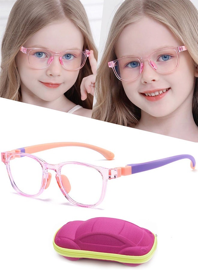 Kids Blue Light Blocking Glasses with Car Shape Case Silicone Lightweight Frame for Kids 3 to 10 Years Old Gaming Computer Laptop Use Reading Watching TV Outdoor Play,Pink - Image 1
