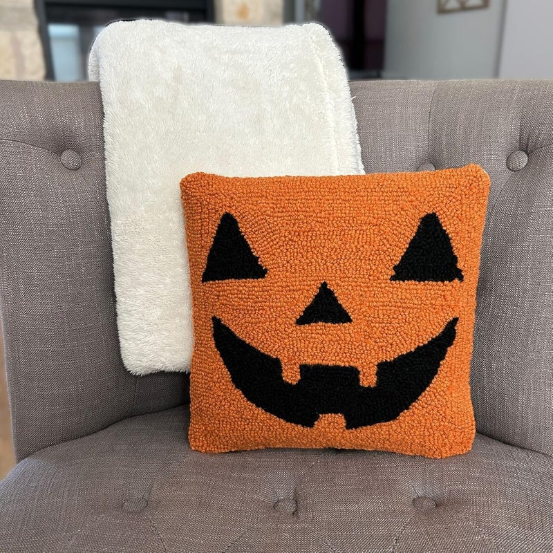 Decorvo Fade proof Hand Hooked Halloween Pillow - 12X12 inches Throw Pillow for Couch or Dorm (Jack O Lantern) Modern color selections - Image 2