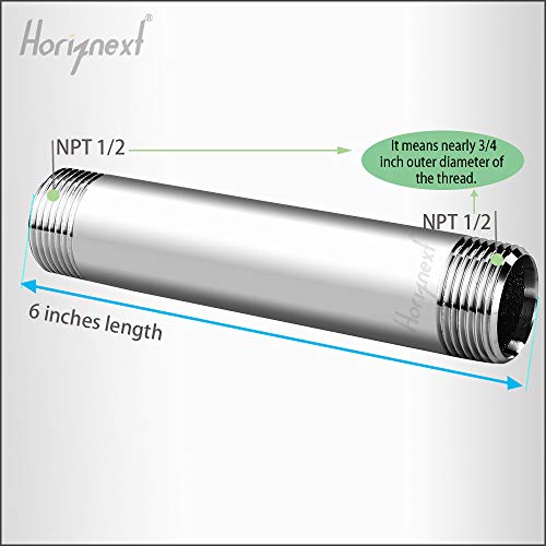 Horiznext stainless steel 304 pipe nipple npt 1/2 male threaded cast fitting, 6 inches length tube sleeve extension connector, schedule 40 conduit hose adapter - Image 2