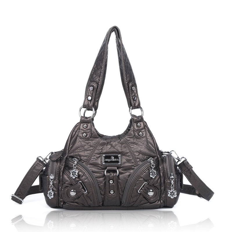 Angel Kiss Purses for Women Small Hobo Shoulder Bags Vagen Leather Multi-Pocket Tote Bag with Zipper (Pewter) - Image 1