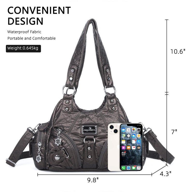 Angel Kiss Purses for Women Small Hobo Shoulder Bags Vagen Leather Multi-Pocket Tote Bag with Zipper (Pewter) - Image 4