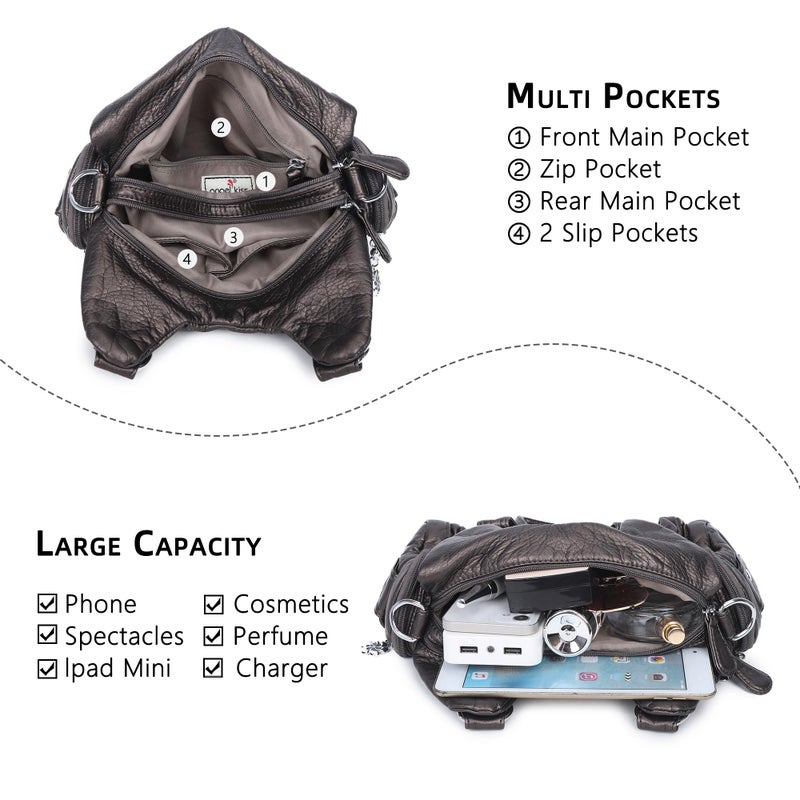 Angel Kiss Purses for Women Small Hobo Shoulder Bags Vagen Leather Multi-Pocket Tote Bag with Zipper (Pewter) - Image 5