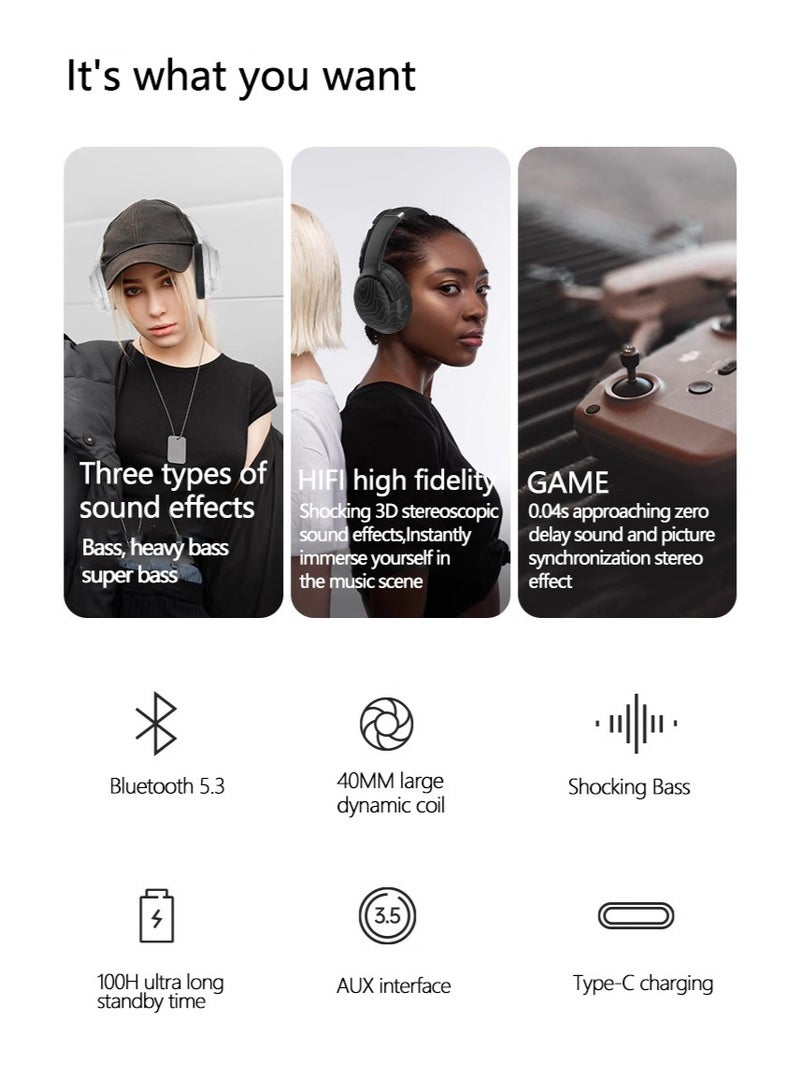 Wireless Over Ear Headphones, Three bass Modes, Hi-Res Audio, Bluetooth5.3 Low Latency Long Endurance,HiFi Stereo  Lightweight Headsets, with mic, Suitable for Travel Home Office Gym Cellphone PC - Image 3
