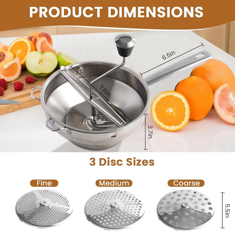 LTAXAF Food Mill Stainless Steel for Tomato Sauce with 3 Grinding Discs, Milling Handle & Stainless Steel Bowl, Ergonomic design Of Rotary Food Mills For Potatoes - Image 2
