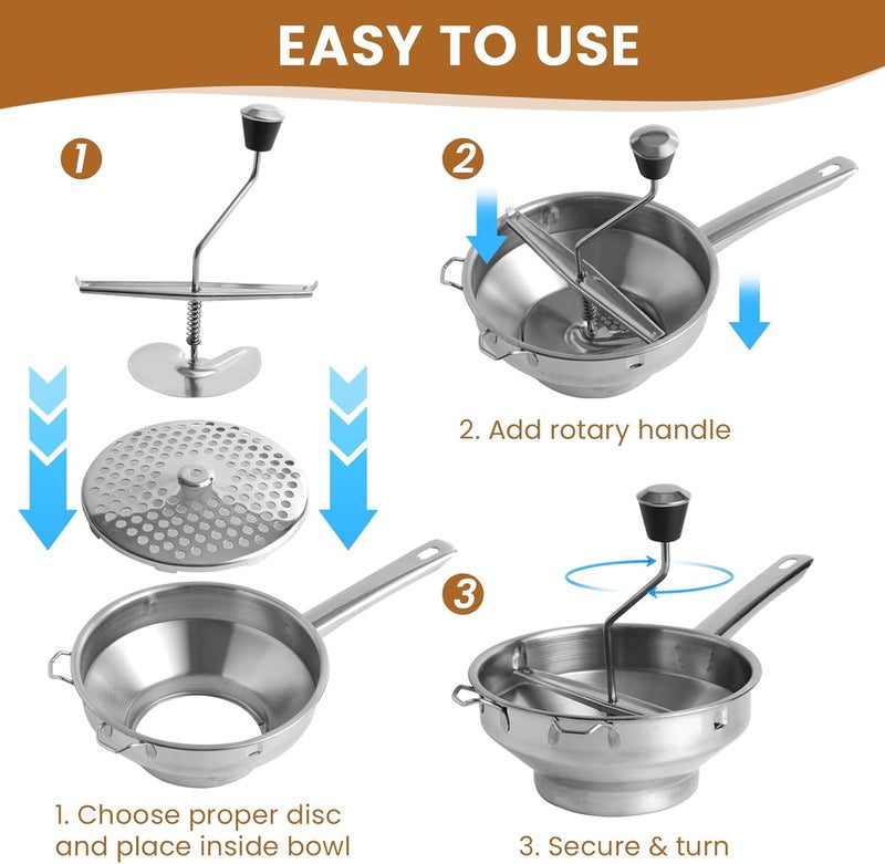 LTAXAF Food Mill Stainless Steel for Tomato Sauce with 3 Grinding Discs, Milling Handle & Stainless Steel Bowl, Ergonomic design Of Rotary Food Mills For Potatoes - Image 3