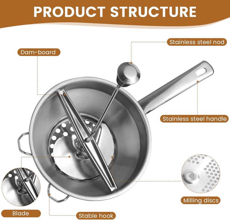LTAXAF Food Mill Stainless Steel for Tomato Sauce with 3 Grinding Discs, Milling Handle & Stainless Steel Bowl, Ergonomic design Of Rotary Food Mills For Potatoes - Image 4