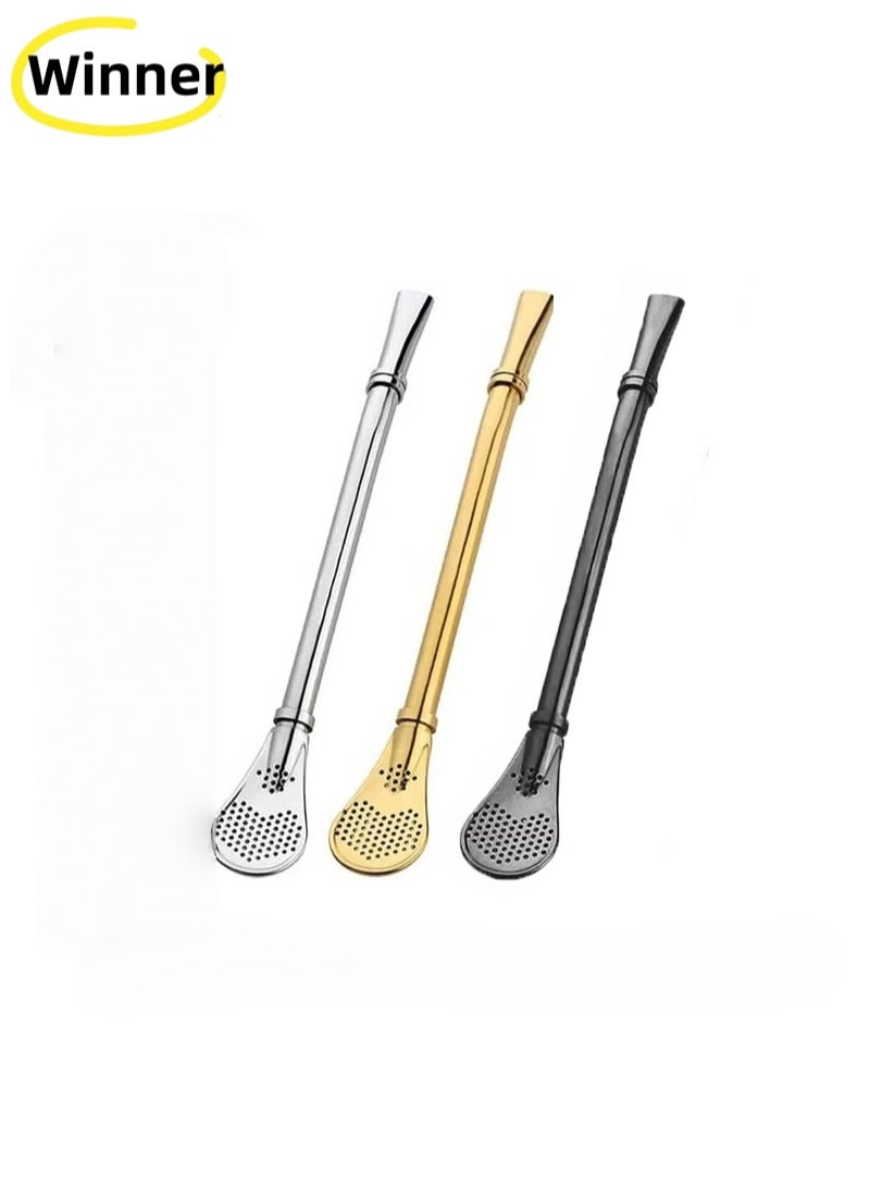 Winner 3 Pack Reusable Colorful Tea Coffee Cocktail Stainless Steel Bent Smooth Flow Drinking Stir Filter Spoon Straws - Image 1